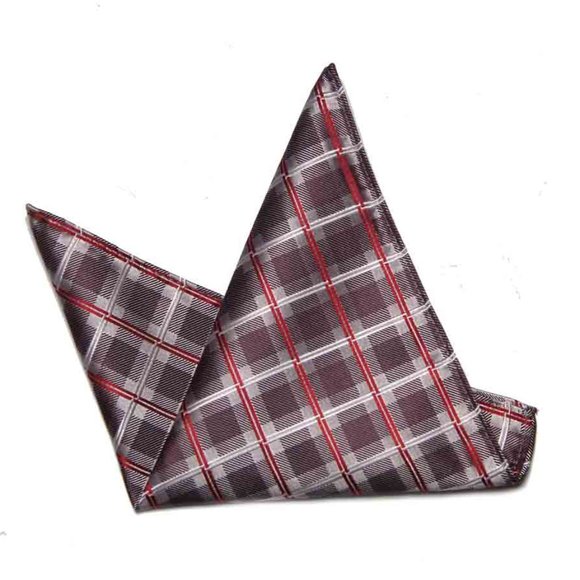 Eksel Pocket Square Brown Tan Red White Plaid Silk Blend Men's - Picture 1 of 1